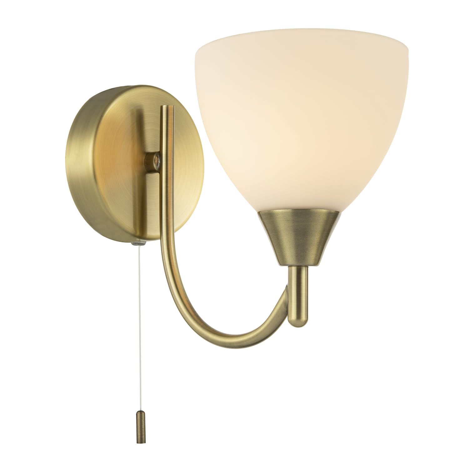 Happy Homewares Contemporary Pull Switched Wall Light Fixture in Antique Brass with Opal White Glass Shade | 1 x 7w E14 | 18cm x 21cm x 11cm