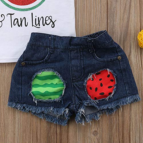 Honganda 2Pcs Toddler Kids Baby Girl Watermelon Outfits Sleeveless Tank Top+Denim Shorts Summer Clothes (White+Watermelon, 3-4T)