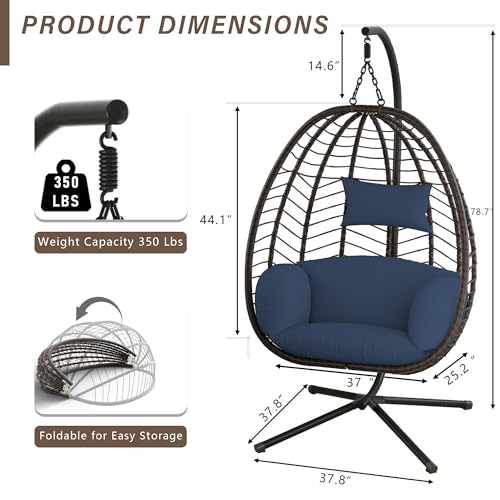 ASJMR Egg Swing Chair Outdoor Indoor Wicker Rattan Hanging Chair with Stand 350lbs Capacity w/Strong Frame & Dark Biue Cushions for Patio Balcony Bedroom