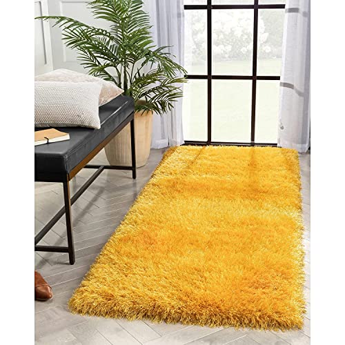 Image of Carpet for Living Room, 4x4 (Square) Feet Yellow Solid Plain Modern Polyster Luster Shaggy Ultra Thick and Pluffy Soft Shag Area Rug for Your Bedroom, Kid Room, Office and Home