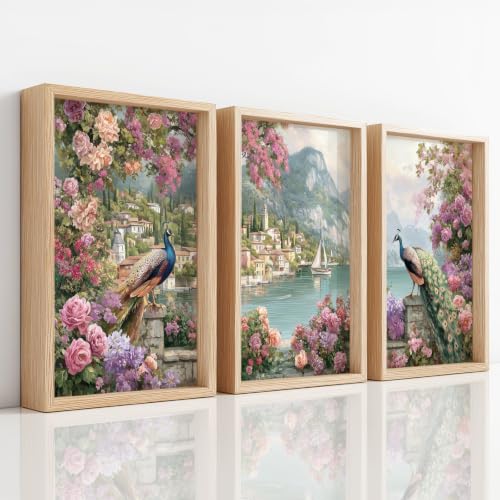 Murales estéticos de flores y pavo real en juego de 3 lienzos decorativos de 21 x 29,7 cm