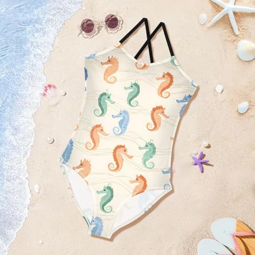 Girls One Piece Swimsuits Seahorse Pattern Summer Quick Dry Beach Bathing Suit3
