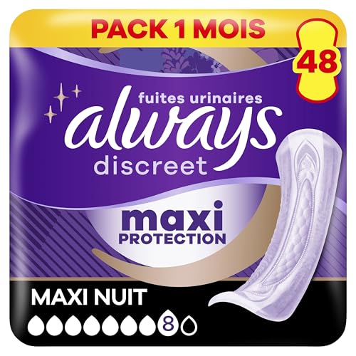 Always Discreet Extra Secure, Serviettes Pour Incontinence ou Fuites Urinaires, Fuites Importantes, Format Eco, 7 Gouttes, Ultimate Night, 48 Pochettes Individuelles (4 x 12 unités)