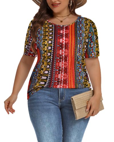 Image of Plus Size Tops for Women Pleated Summer Top Trendy Short Sleeve Shirts Casual Basic Tee Crew Neck Blouses 2026