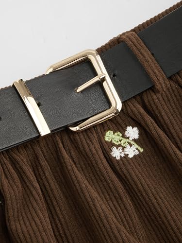 CIDER Skirts for Women Corduroy Floral Embroidery Mid Waist Ruffle Pocket A Line Maxi Skirt with Belt2