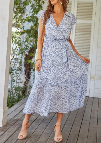 Image of PRETTYGARDEN 2023 Women's Floral Summer Dress V Neck Short Sleeve Ruffle Hem A-Line Boho Maxi Dresses
