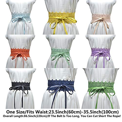 Women's Lace-Flower Waist Belt Bow Tie Wrap Around Soft Leather Boho Corset for Dresses (Blue)2