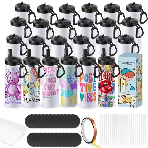 Cafultgo 20 oz Sublimation Tumbler Cups with Travel Lid & Straws Double Wall Insulated Stainless Steel Blanks with a Handle for Crafts Business Gifts (Black Nozzle 24pcs)