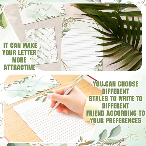 Image of TaoBary 160 Pcs Stationery Paper Set 50 Double Sided Stationery Papers with 50 Matching Envelopes and 60 Round Dot Sticker, 10 Design(Green Leaves,8.5 x 11 Inch)