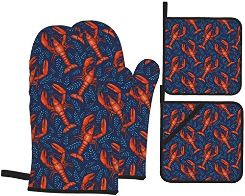 QIANKUI Lobsters Oven Mitts and Pot Holders Kitchen Set 4 Pcs Heat Resistant Non-Slip Cooking Oven Gloves with Hanging Loops for Grilling Cooking BBQ Baking