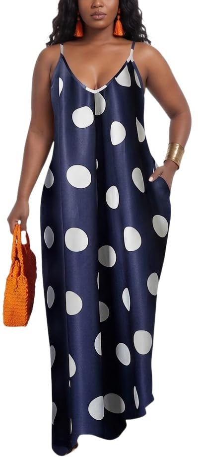 Image of Women's Casual Summer Maxi Dresses Sleeveless Adjustable Spaghetti Strap Loose Plus Size Dresses