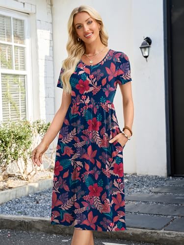 Image of Heymoments Women's Casual Short Sleeve Midi Dress Crewneck A Line Tiered Flowy Loose Travel Long Dresses with Pockets