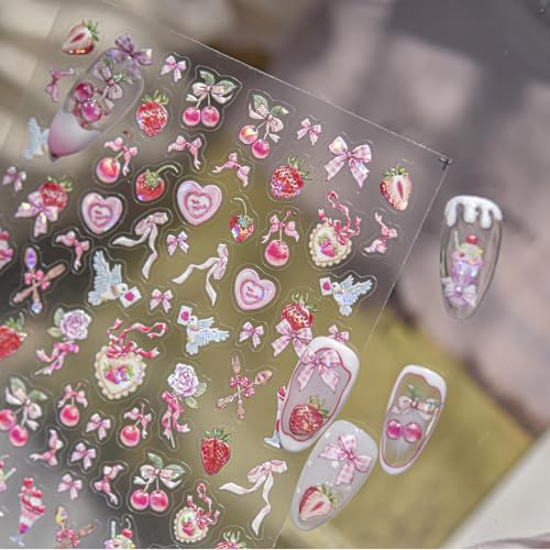 Image of Pink Nail Stickers Decals Bow Heart Nail Art Stickers with Strawberry Cherry Design 5D Embossed Self Adhesive Cute Nails Charms for Women Girls Manicure Decoration Accessories
