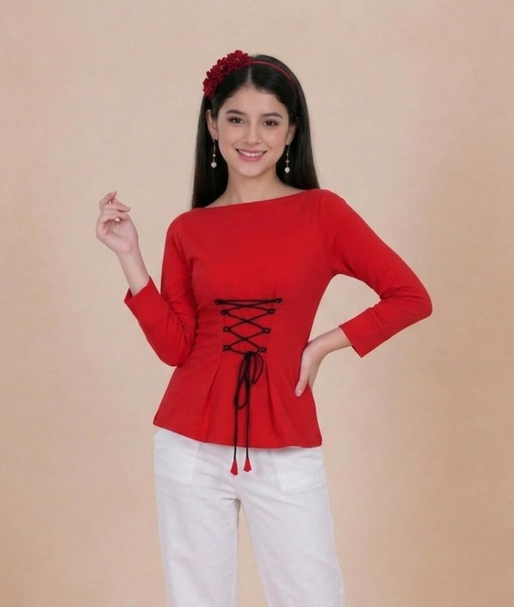 ORIEX THE ORIGINAL FASHION OX-Girls Front DORI TIE UP Boat Neck TOP-191 RED 11-12Y 3