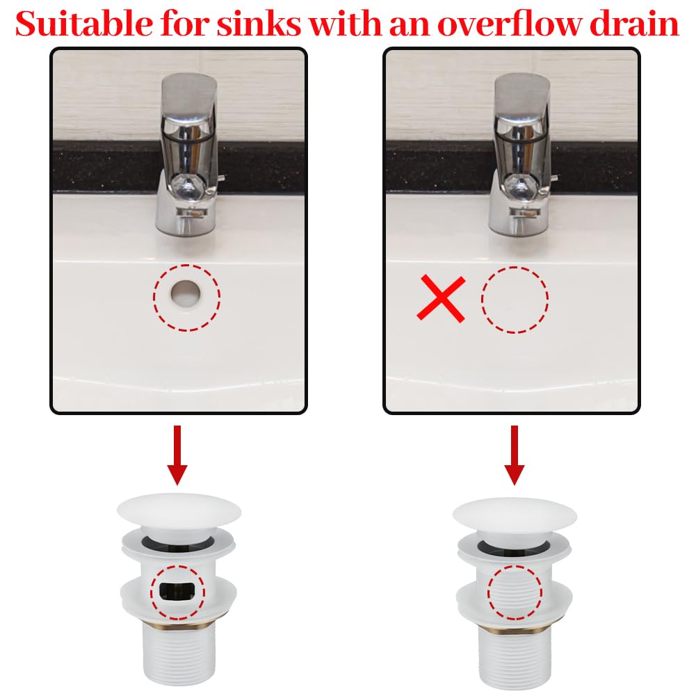 Juego de desagüe para lavabo con rebosadero, juego de desagüe para válvula de desagüe, válvula pop-up, juego de desagüe universal para lavabo y lavabo (Blanco)
