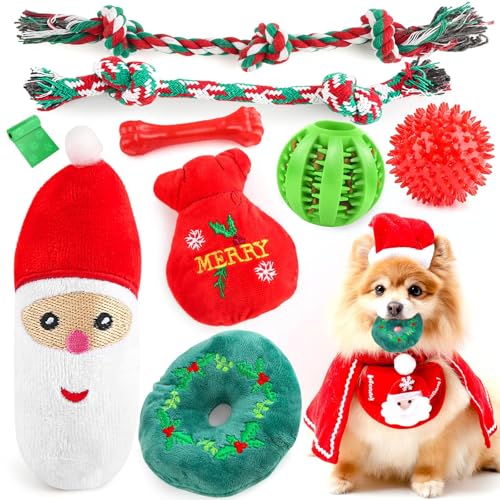 Christmas Dog Toys 9 Pack, Luxury Santa Puppy Chew Toy, Cotton Sq...