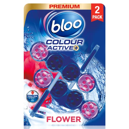 Bloo Colour Active Toilet Rim Block Fresh Flowers with Anti-Limescale Cleaning Foam Dirt Protection and Extra Freshness - 2 x 50g