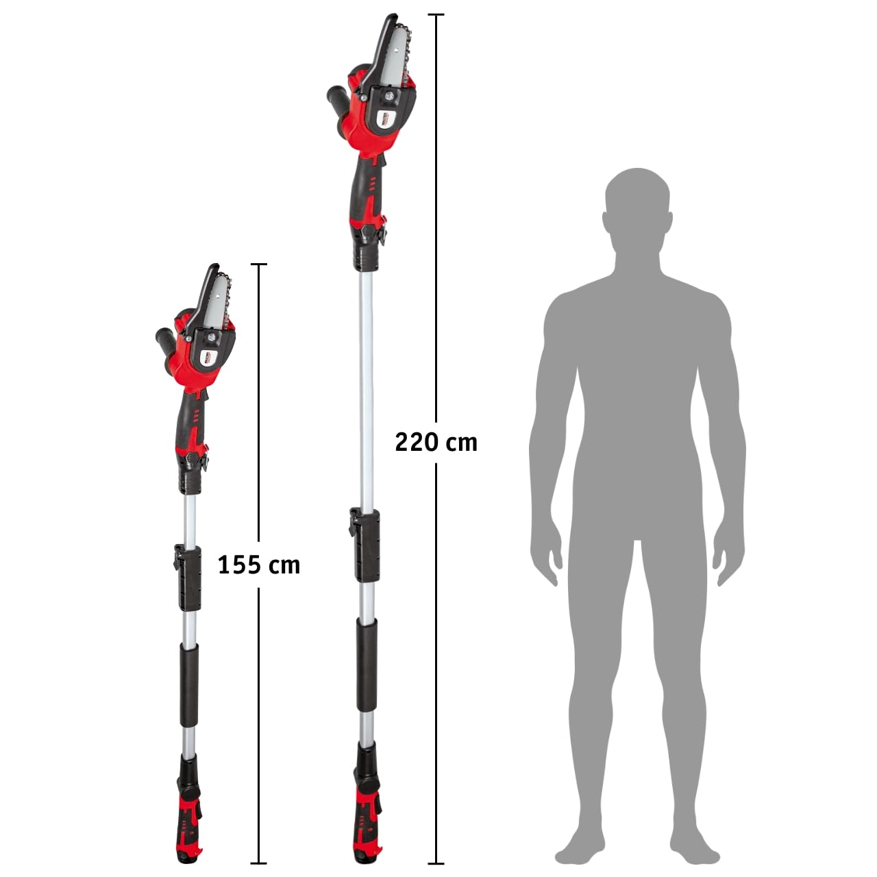 WALTER Kompakter Hochentaster. Verstellbare Teleskopstange. 12V Li-Ion Akku, Ladegerät und Zubehör. Stufenlose Höhenverstellung 155 und 220 cm. Mini Kettensäge, 95mm Schnittlänge, Brushless Motor