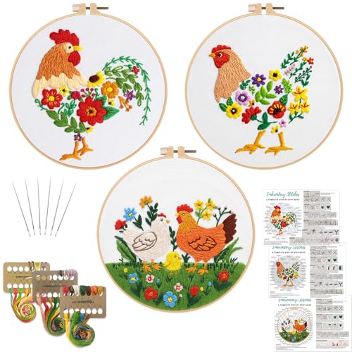 Image of Louise Maelys 3 Packs Chicken Embroidery Kit for Beginners, Cross Stitch Kits for Adults, Art Craft Starters Needlepoint kit with Rooster,Hen and Farm Lawn Embroidery Pattern and Complete Set of Tools