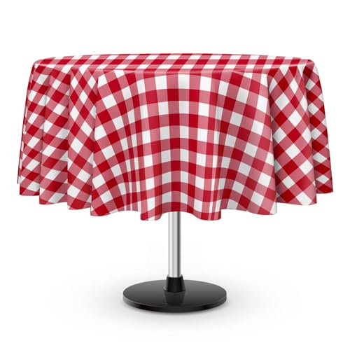 LIKAJON Paquete de 12 manteles a cuadros rojos y blancos, manteles redondos de plástico a cuadros rojos para fiestas, desechables, mantel impermeable de 84 x 84 pulgadas, para fiesta de cumpleaños