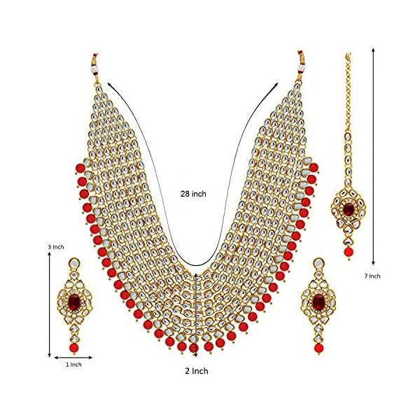 Peora Kundan Pearl Maroon Layered Long Jewellery Necklace Set with Earring Maang Tikka Earrings for Women - Image 5