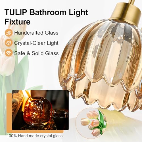 Image of 4-Light Bathroom Light Fixtures, 27 inch Brushed Gold Vanity Lights for Bathroom with Ribbed Amber Tulip Glass Shade, Vintage Bathroom Vanity Lighting Fixtures Over Mirror for Bedroom Living Room Hallway