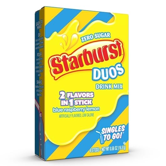 SINGLES TO GO!Starburst Duos Drink Mix Blue Raspberry Lemon, 6 Boxes with 6 Packets Each - 36 Total Servings