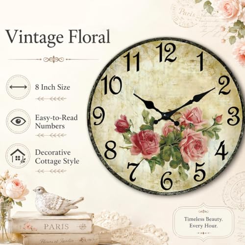Image of CHYLIN Wall Clock Pink Rose Silent Battery Operated Kitchen Home Decor