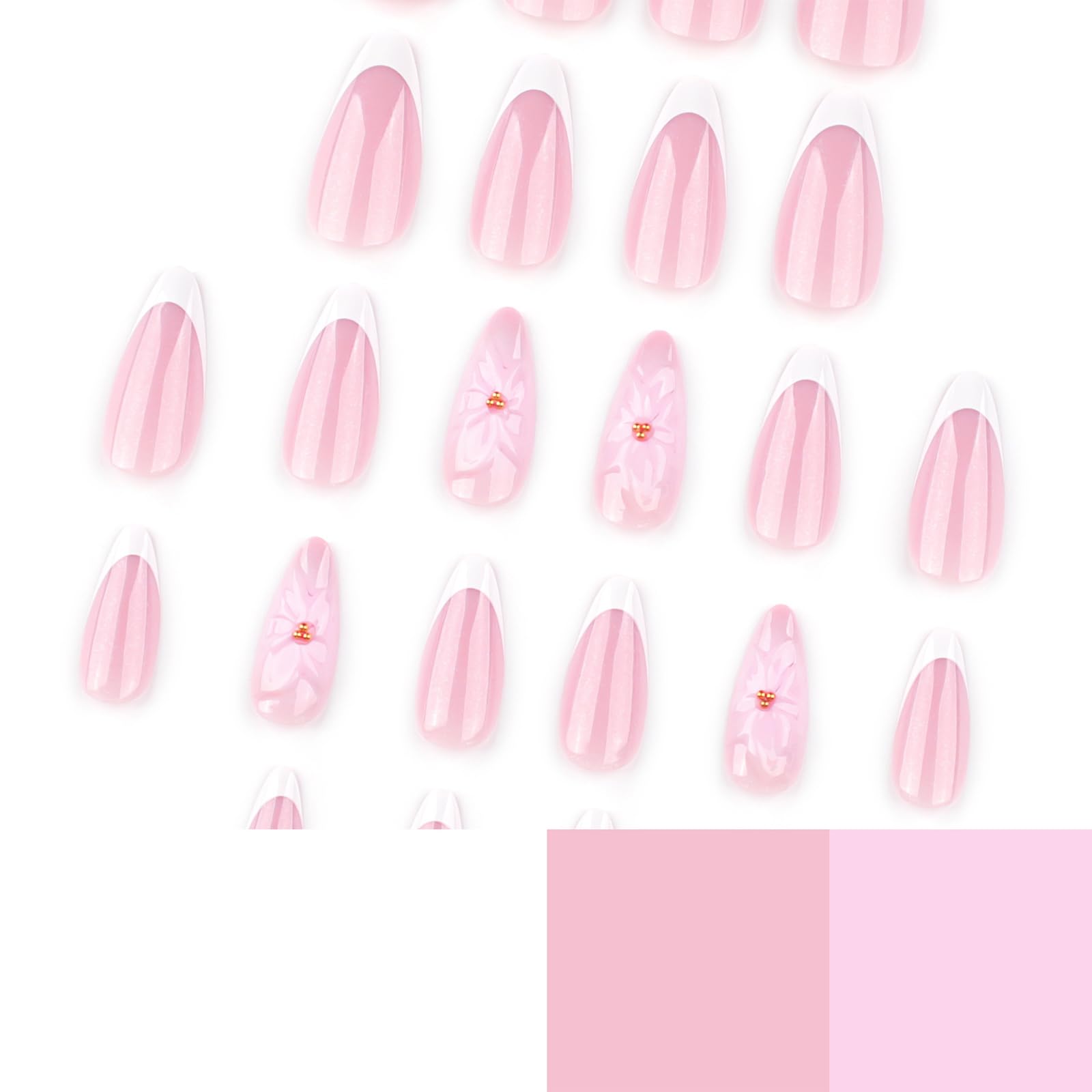Press on Nails, 24 Uds. Uñas Falsas con Flores 3D de Color Rosa y Punta French, Uñas Artificiales Reutilizables con Brillo, Kit de Uñas para Mujeres — view 3