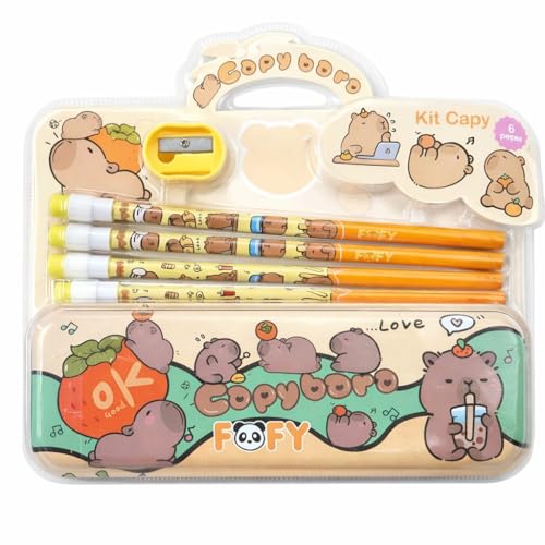 Kit Escolar Capivara, 6 Peças com 4 Lápis HB Decorados, Apontador Amarelo e Estojo Lata, Material Escolar Infantil com Desenhos Divertidos, Ideal para Uso diário, Tema Capivara