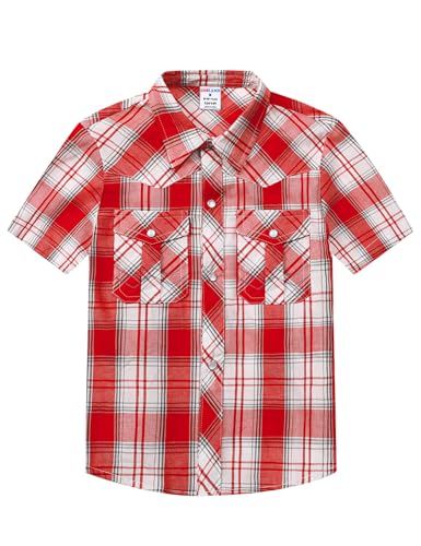 Image of COSLAND Boy's Toddler Cotton Western Short Sleeve Button Down Plaid Shirt, 4-14 Years