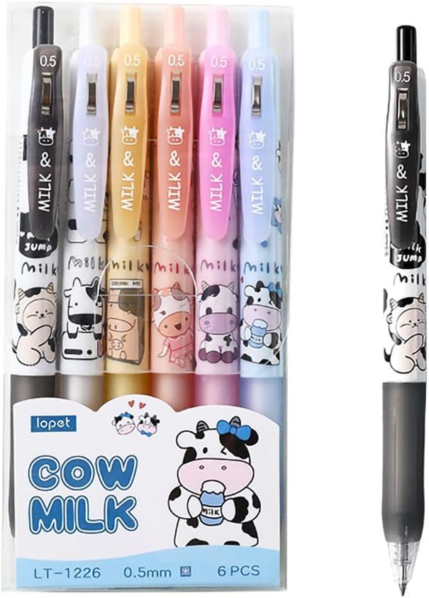 YHRY Cute Milky Cow Pens, Retractable Gel Pens, Black Gel Ink Pens, 0.5mm, Bullet Point, Perfect for Office School Supplies, Gifts for Boys Girls,Pack of 6pcs (Milky Cow)