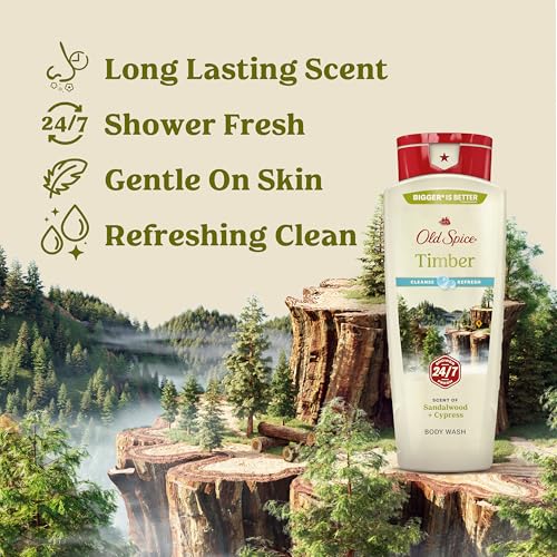Image of Old Spice Cleansing Body Wash for Men, 24 /7 Shower Fresh with Lasting Scent, Cleanse & Refresh, Gentle on Skin, Vitamin B3, Timber with Sandalwood + Cypress Scent, 18 oz (Pack of 4)