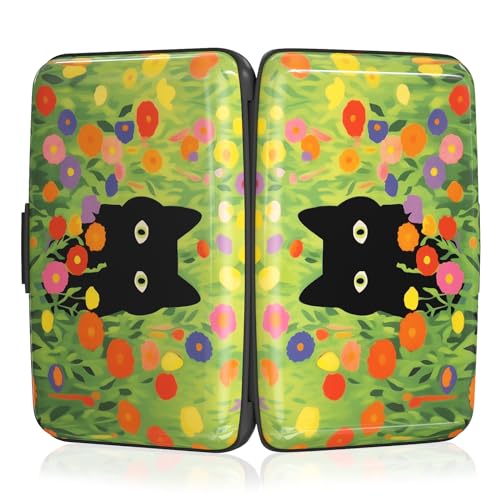 Image of Rimilak Aluminuml Credit Card Holder, Mini Credit Card Wallet RFID Blocking Slim Metal Hard Case for Women Men, Green Grass Cat