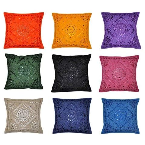 Labhanshi Indian Decor Handmade Mirror Embroidered Ethnic Cotton Cushion Cover Pillow Covers, 16 X 16 Inches, 10 Pcs Lot Cover