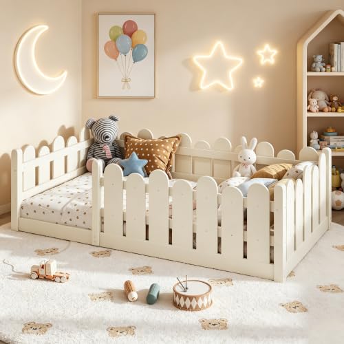 Image of Bellemave Twin Size Kids Montessori Floor Bed,Floor Bed Frame with Rounded Safety Guardrail,Solid Wood Montessori Bed for Girls Boys,Beige