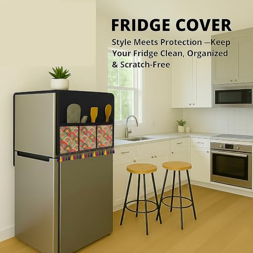 Image of Refrigerator Single Door Waterproof, Dustproof, Tassel Lace Refrigerator Top Cover, Protective Cover for Fridges with Extra Storage Space Nylon Top cover with 6 Storage Pockets ( Flower, 130 x 54 cm )