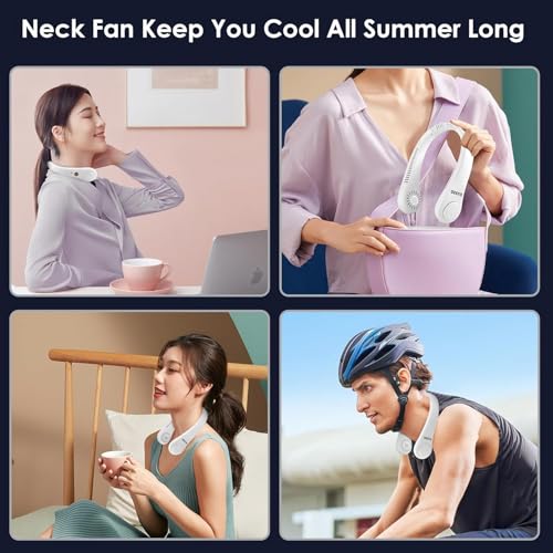 Image of Portable Rechargeable Neck Fan, White | Hands-Free Personal Fan, 1500 mAh Battery & Digital Display, 5-Speed 360 Airflow, USB Charging