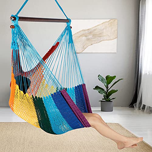 Large Caribbean Hammock Chair, Durable Polyester Chair Hammock, Hanging Hammock Chair with Spreader Bar for Indoor/Outdoor, Comfortable Handmade Swing Chair, Rainbow
