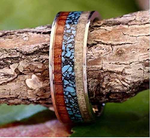 2 pc Wedding Rings Set Deer Antler Turquoise Koa Wood Stainless Steel Sterling Silver Engagement Rings