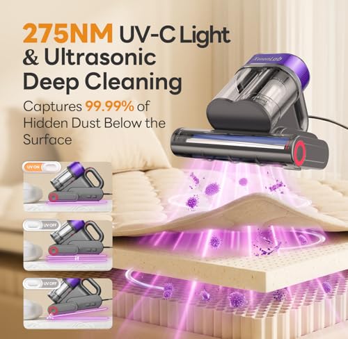Image of Mattress Vacuum Cleaner, 18000Pa Bed Vacuum Cleaner, 275nm UV-C Light & Ultrasonic 140F Heat with High-Speed Deep Tapping, Versatile Handheld Vacuum for Bed, Sofa, Couch, Crib（Corded）