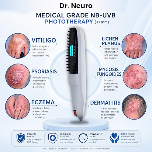 Image of Dr. Neuro NarrowBand UVB Phototherapy Device with 311nm NBUVB Lamp | 5-Year Warranty | Home Treatment for Vitiligo, Psoriasis, Eczema & Dandruff | Safety UV Goggles And User Manual Included | Targeted Spot Treatment Plates | Blue UV Light