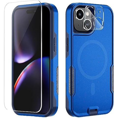 Xmon for iPhone 15 Magnetic case [MIL-Grade Drop Tested & with MagSafe] Tempered Glass Screen Protector with Camera Lens Phone Case Cover for Apple iPhone 15 6.1 inch 2023 (Blue) Cover
