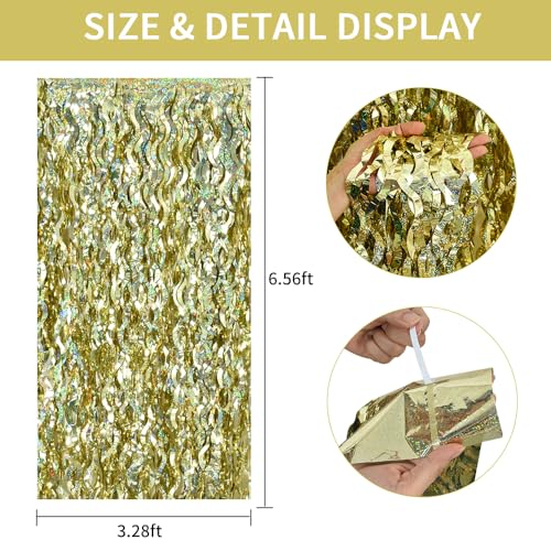 Image of TONIFUL 3Pcs Wavy Metallic Tinsel Foil Fringe Curtains Champagne Gold Streamer Backdrop for Photo Booth Props,Party Door Wall Curtains Bachelorette Wedding Birthday New Year Decor (9.9ft x 6.6ft)