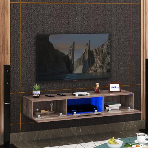 Image of Anikaa Lucen Wall Mount Modern Floating TV Unit for Living Room | 3 Closed Storage cabinets with hinged Door - Blue Color LED Light | Ideal for UP to 65 Inch TV (Walnut Finish - DIY