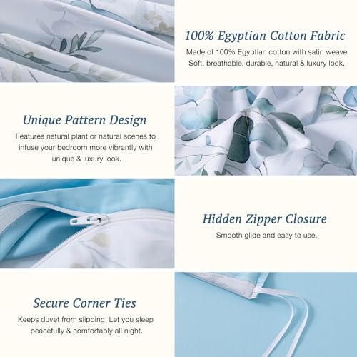 MILDLY 100% Long-Staple Cotton Duvet Cover Set Baby Blue Teal Gradient Leaf Pattern Printed Comforter Cover 3pcs, Ultra Soft & Breathable Bedding Set