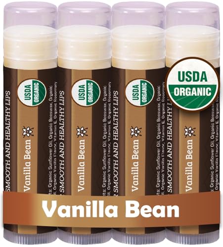 Earth's Daughter USDA Organic Lip Balm 4-Pack Vanilla Flavor - Beeswax, Coconut Oil, Vitamin E - Best Lip Repair Chapstick for Dry Cracked Lips.