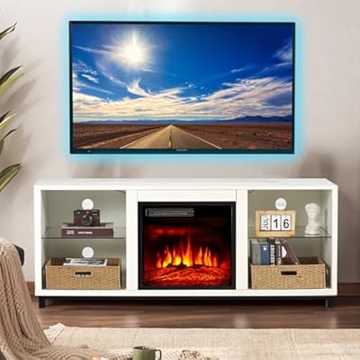 oneinmil Electric Fireplace TV Stand with Adjustable Glass Shelves, 3D Fireplace TV Stand, Wood Storage Cabinet Table for TV up to 65", Without LED Lights, White