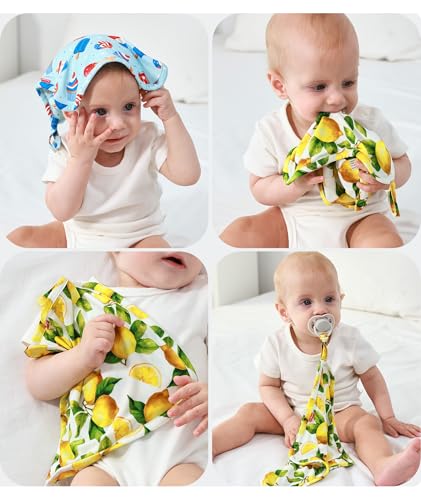 Image of Baby Lovey Security Blanket Set of 3, Bamboo-Derived Viscose, Super Soft and Breathable Baby Blanket with Attachable Loop, 9.5 inch*9.5 inch, Dinosaur /Lemon /Festivals
