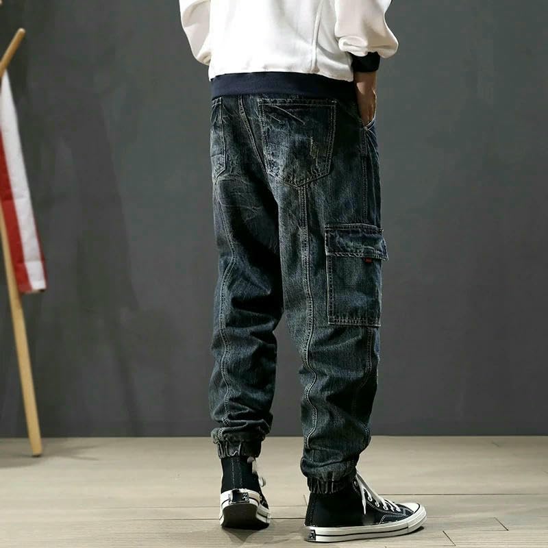 Street Mens Jeans Retro Blue Printed Big Pocket Casual Cargo Pants Hip Hop Joggers Men Ripped Trousers4